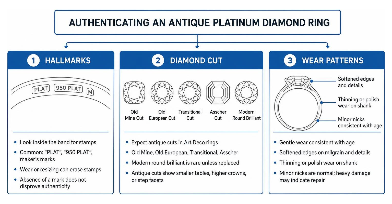 Authenticating an antique platinum diamond ring: hallmarks, diamond cut, wear patterns