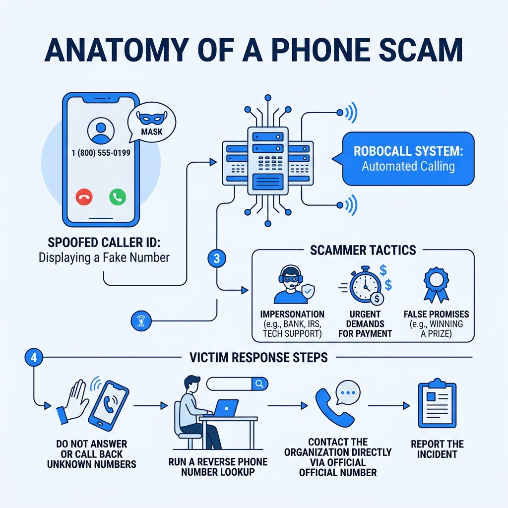 Anatomy of a phone scam infographic showing spoofed caller ID, robocall system, scammer tactics, and victim response steps