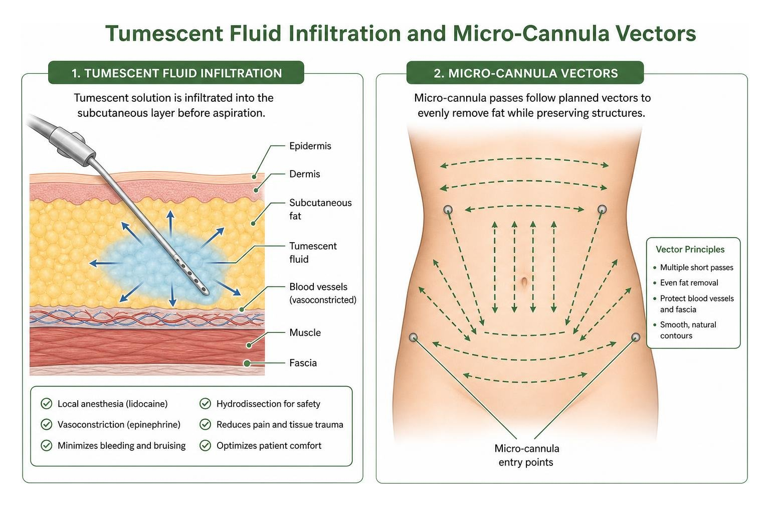 Tumescent fluid infiltration and micro-cannula vectors