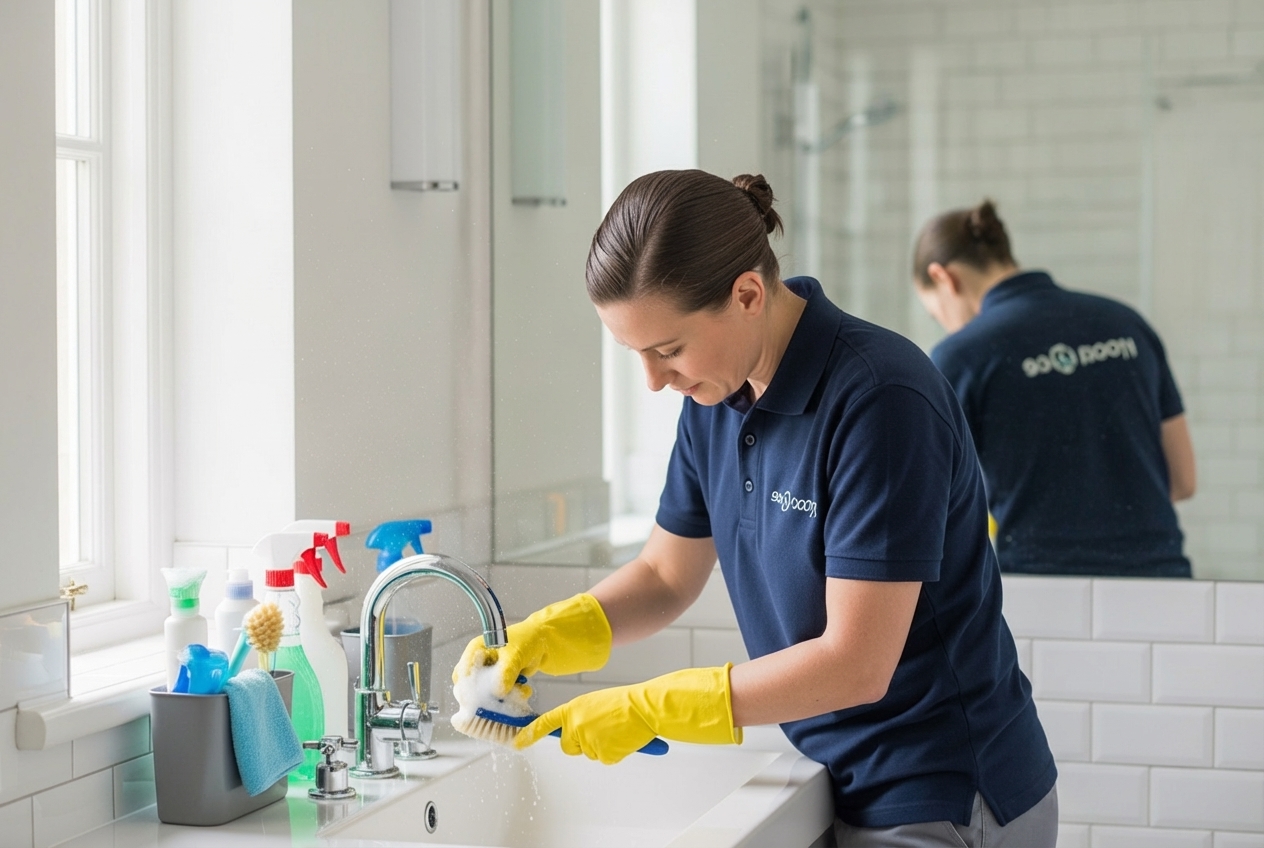 a cleaner deep cleaning a bathroom - deep clean cost
