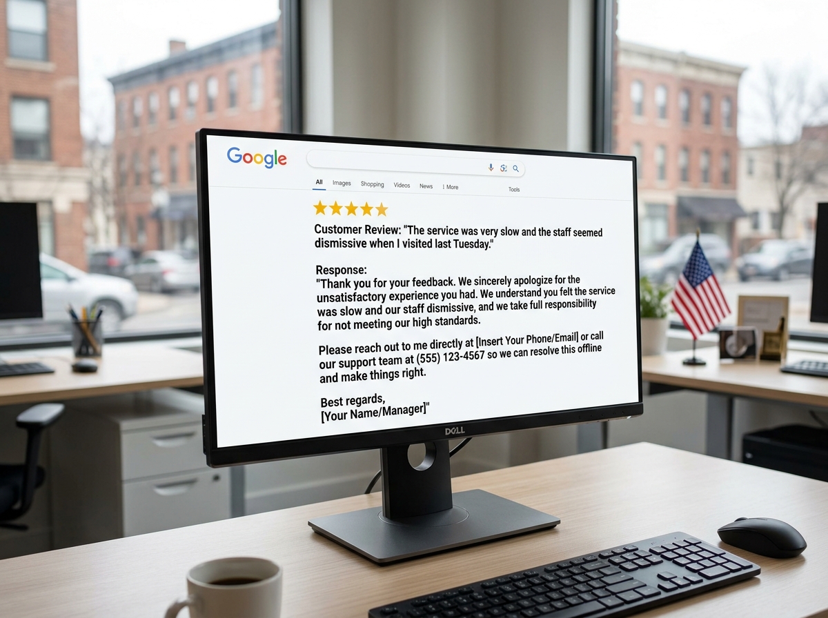 Example of a professional, 5-step review response: apologize, restate the issue, take responsibility, move the conversation