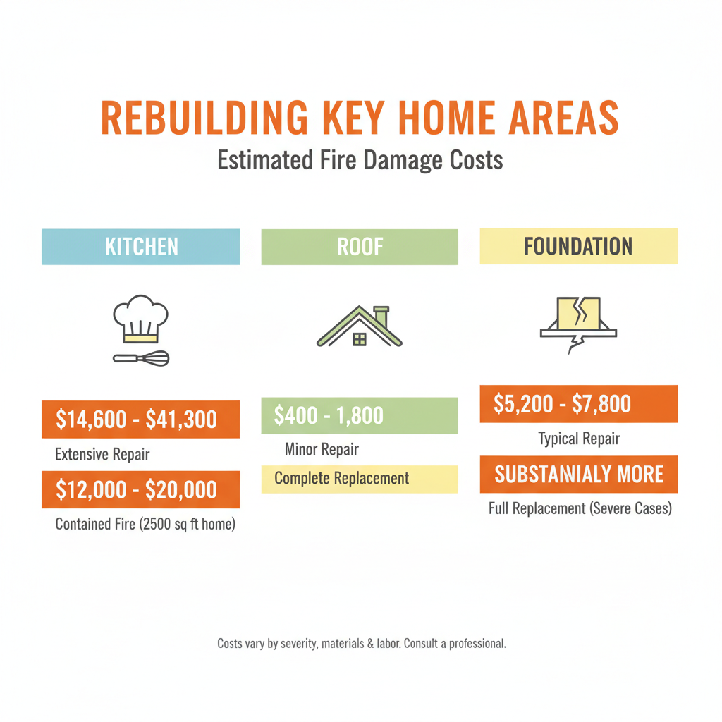 table of rebuilding costs for kitchen roof foundation - cost to repair fire damaged house infographic