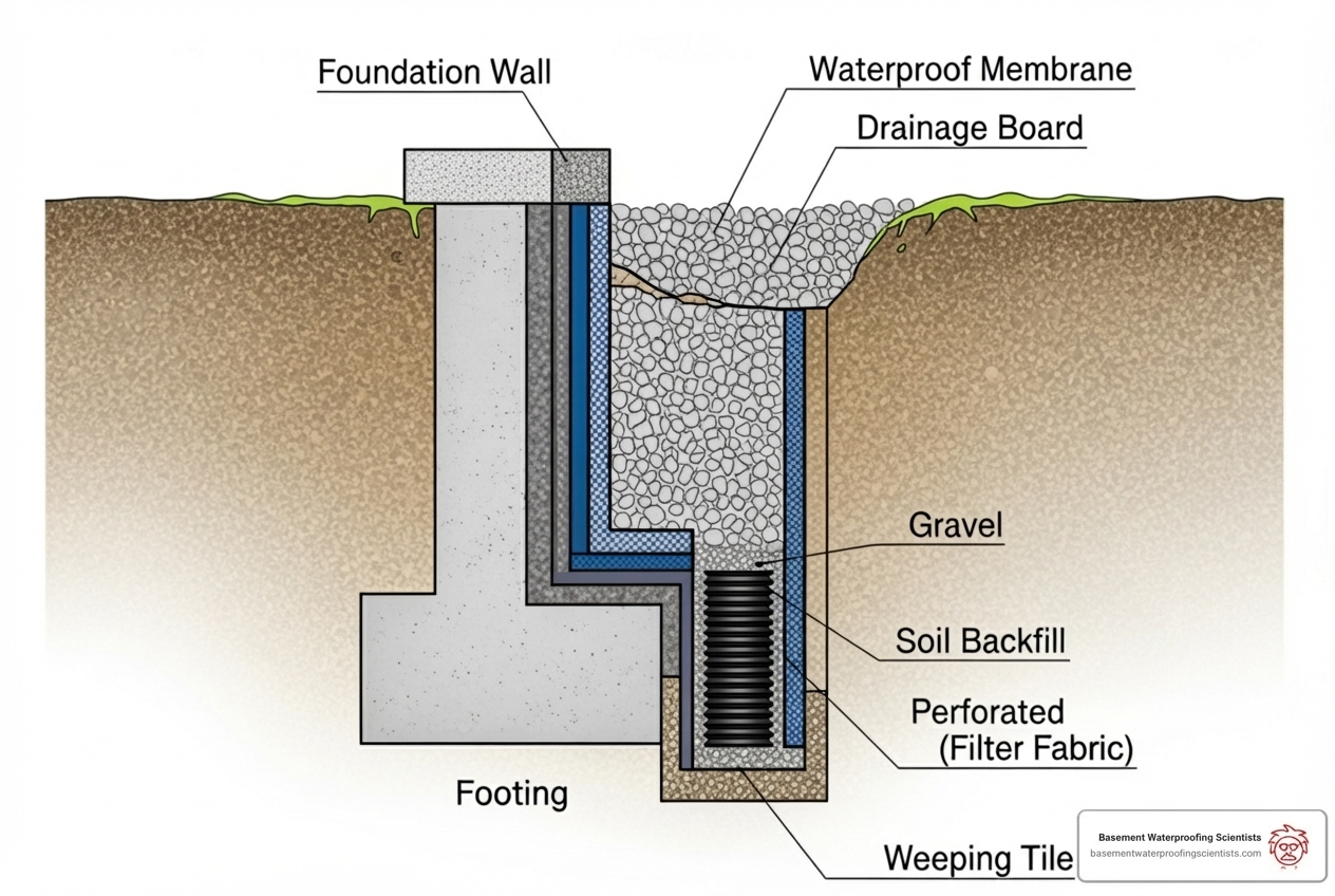 Layers of an exterior waterproofing system on a foundation wall - Exterior basement wall waterproofing