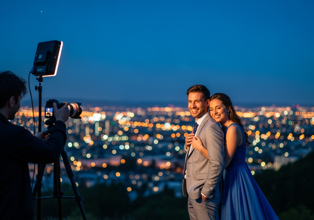 a couple being photographed during blue hour for contrast - golden hour wedding photos