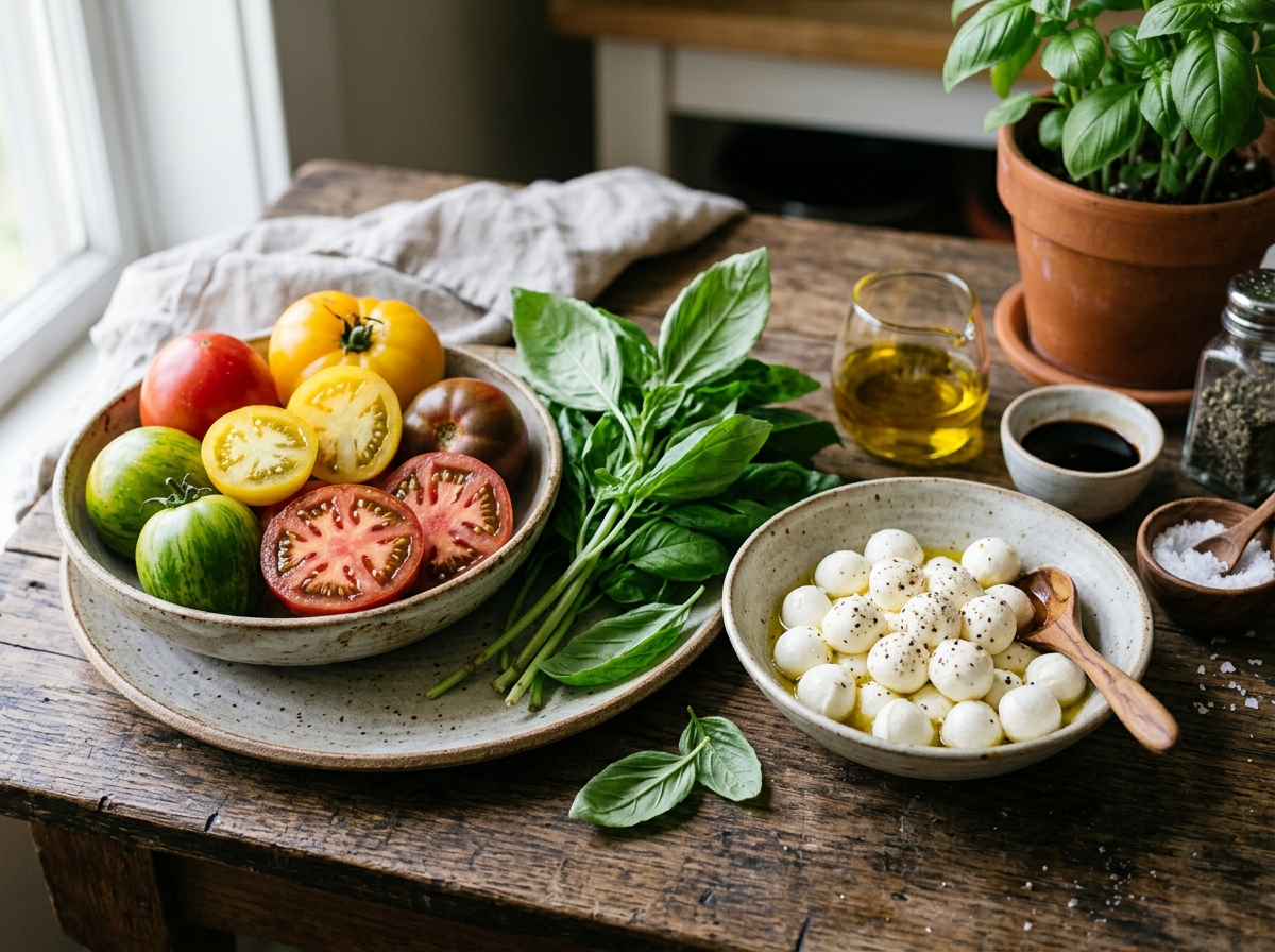 Fresh Caprese ingredients including heirloom tomatoes, fresh mozzarella balls, and indoor basil - mozzarella tomato balsamic Fresh Caprese ingredients including heirloom tomatoes, fresh mozzarella balls, and indoor basil - mozzarella tomato balsamic