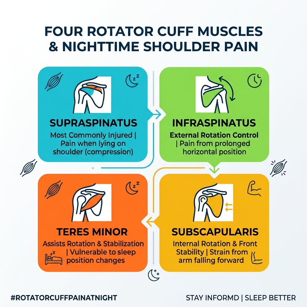 Four rotator cuff muscles and how they contribute to nighttime shoulder pain - rotator cuff injury pain at night infographic 