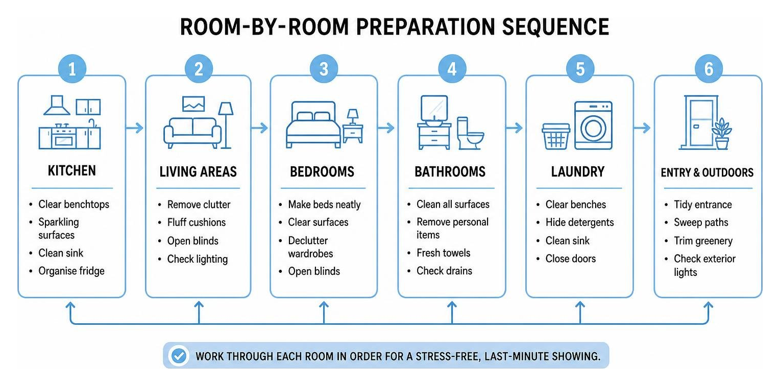 room-by-room preparation sequence