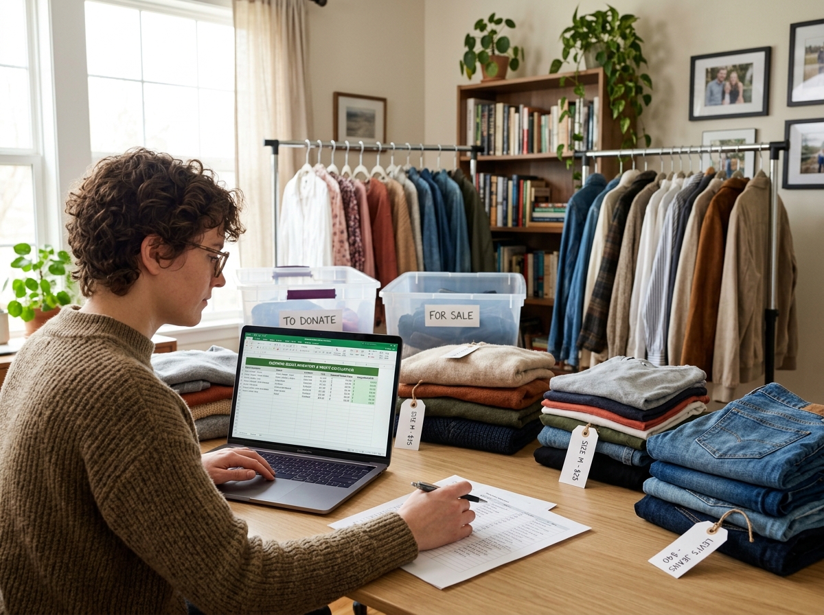 A person calculating resale values on a laptop to maximize profits - minimalism closet purge profits