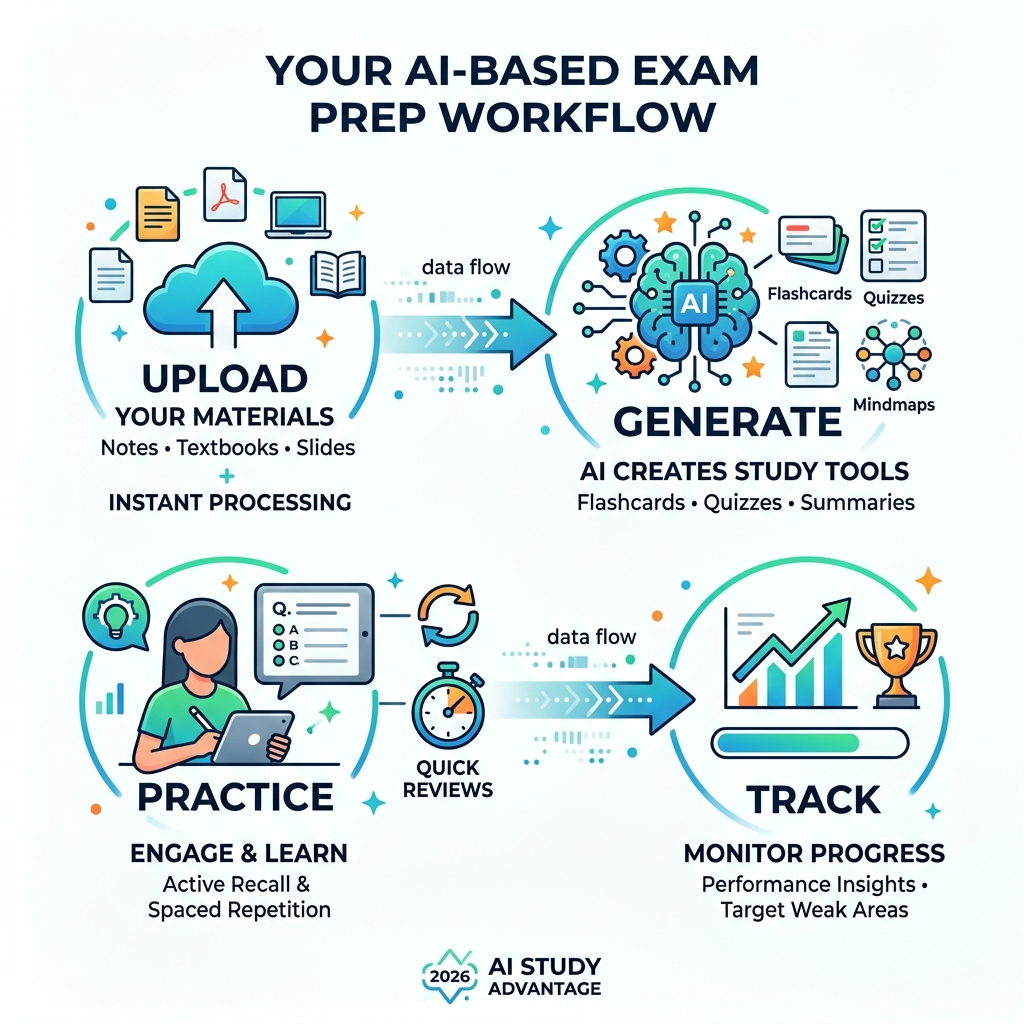 AI study workflow showing upload, generate, practice, and track steps - ai based exam prep infographic AI study workflow showing upload, generate, practice, and track steps - ai based exam prep infographic