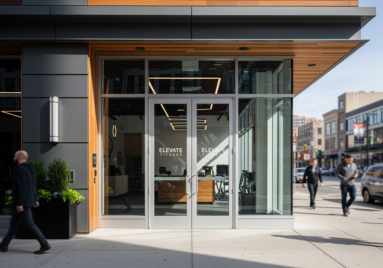 A clean, welcoming entrance to a fitness studio from the street - Fitness studio for rent