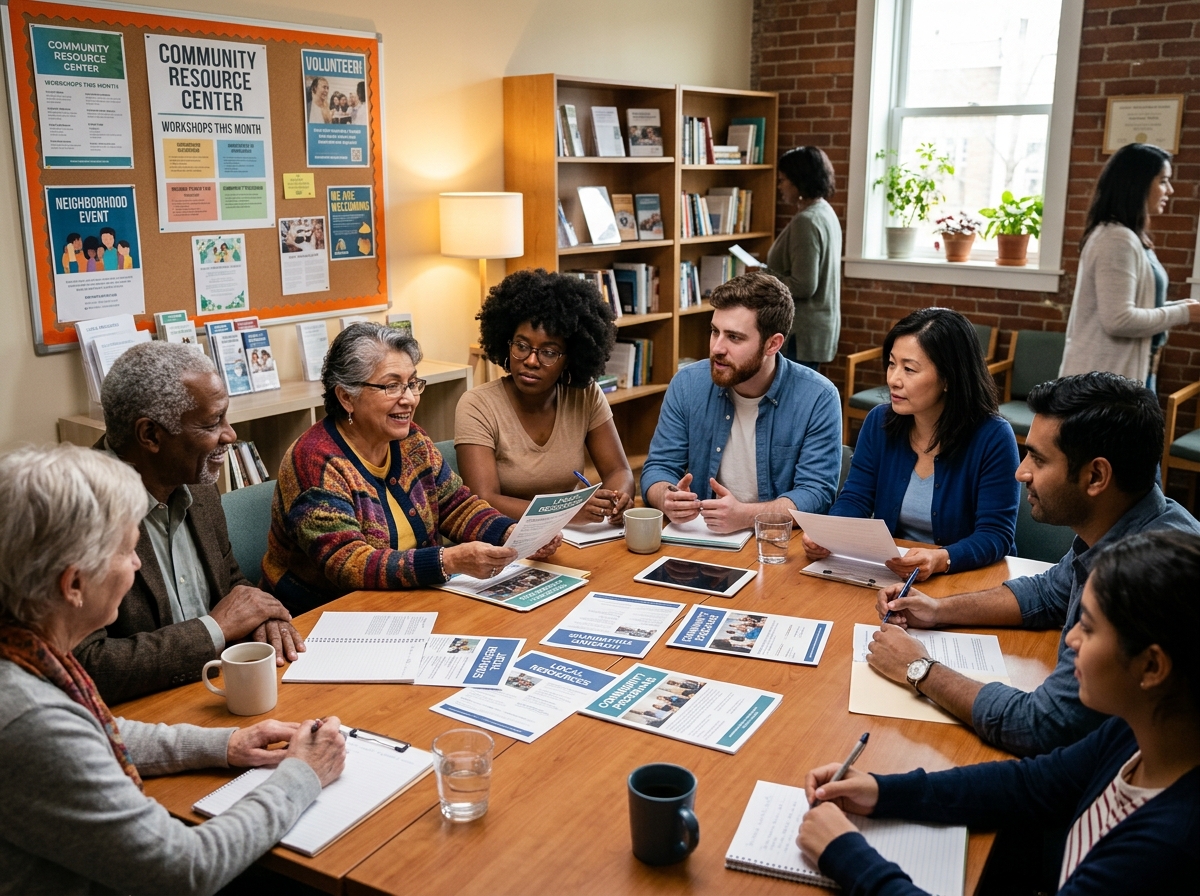 Diverse community members collaborating at a local resource center - emergency apartment assistance