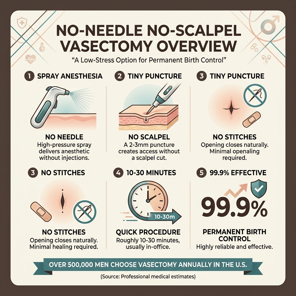 No-needle no-scalpel vasectomy overview infographic: spray anesthesia, tiny puncture, no stitches, 10-30 min, 99.9%
