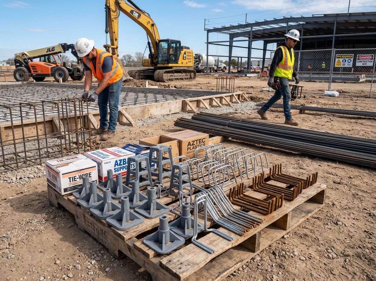 A variety of rebar supports including chairs and bolsters ready for installation - concrete reinforcing accessories A variety of rebar supports including chairs and bolsters ready for installation - concrete reinforcing accessories