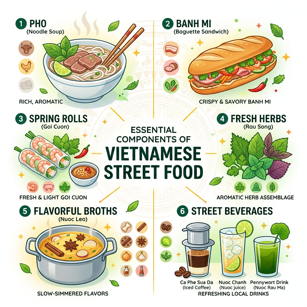 Essential components of Vietnamese street food: pho, banh mi, spring rolls, herbs, broths, and beverages - vietnamese food