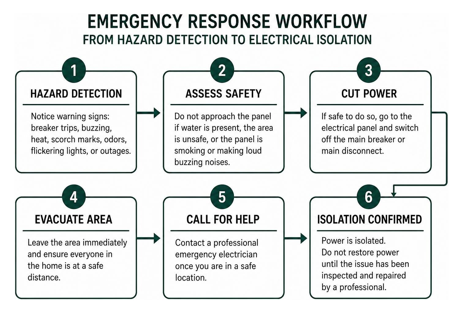 Emergency response workflow from hazard detection to electrical isolation