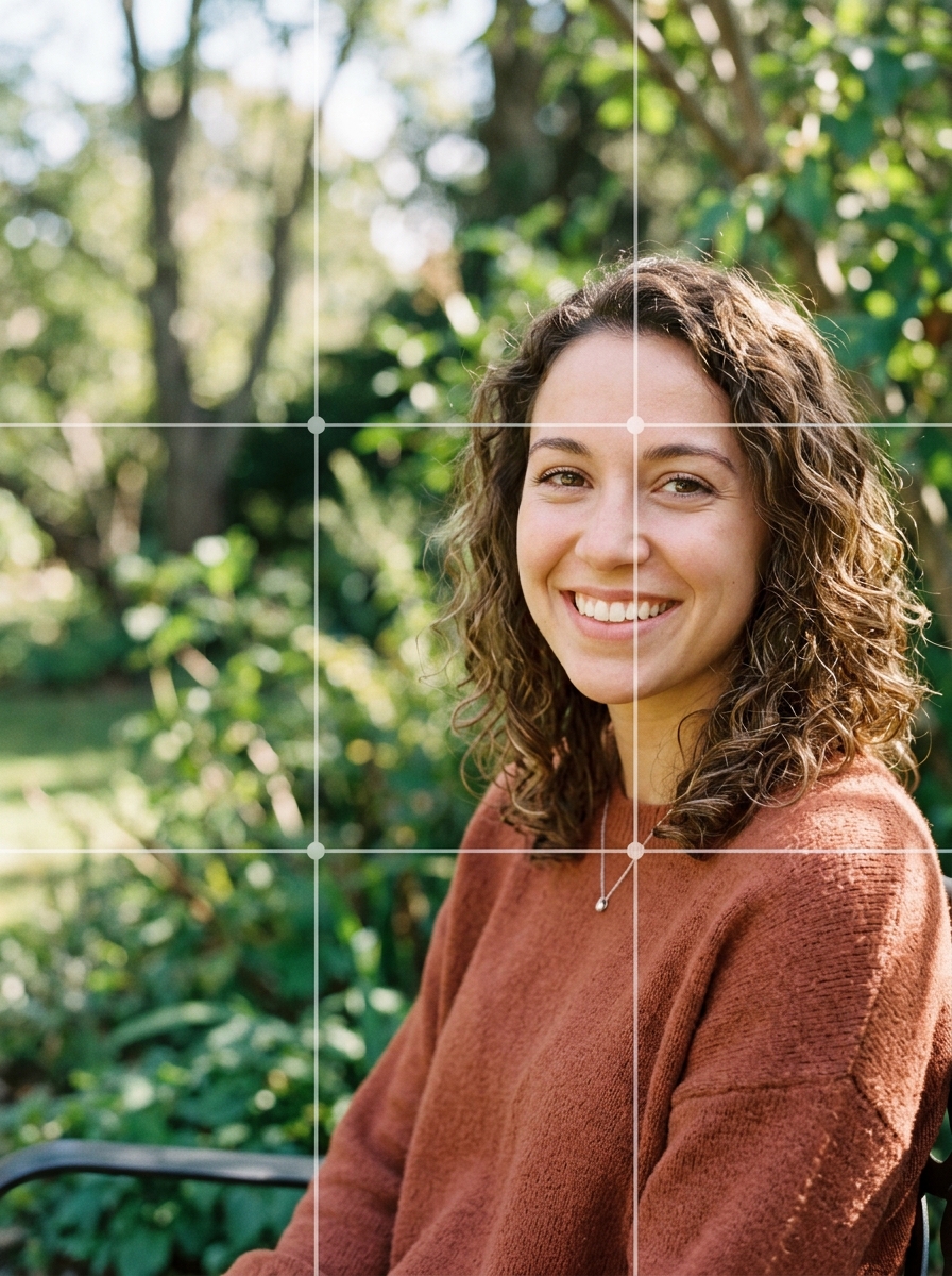 Rule of thirds grid overlay on a portrait photo - composition tips for beginners Rule of thirds grid overlay on a portrait photo - composition tips for beginners
