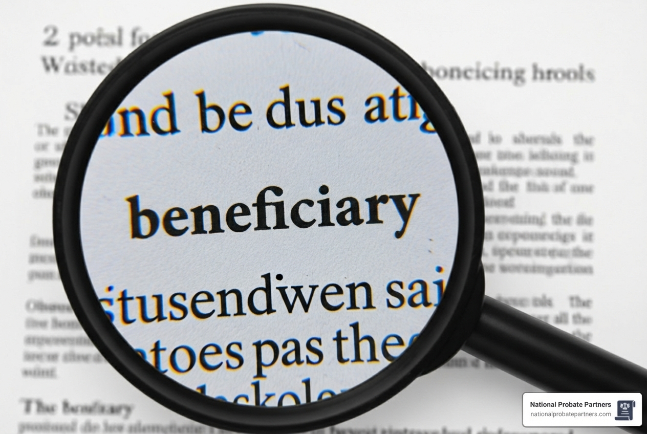 of a magnifying glass over the beneficiary section of a will - named beneficiary in a will of a magnifying glass over the beneficiary section of a will - named beneficiary in a will