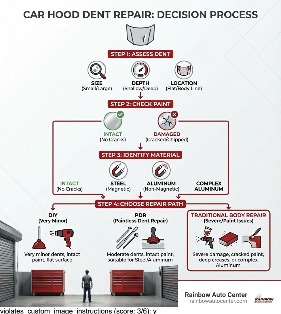 Infographic showing the car hood dent repair decision process: Step 1 - Assess the dent size depth and location, Step 2 - Check paint condition for cracks or damage, Step 3 - Identify hood material steel or aluminum, Step 4 - Choose repair path: DIY for very minor dents, PDR for moderate dents with intact paint, or Traditional Body Repair for severe damage or paint issues - car hood dent repair infographic 