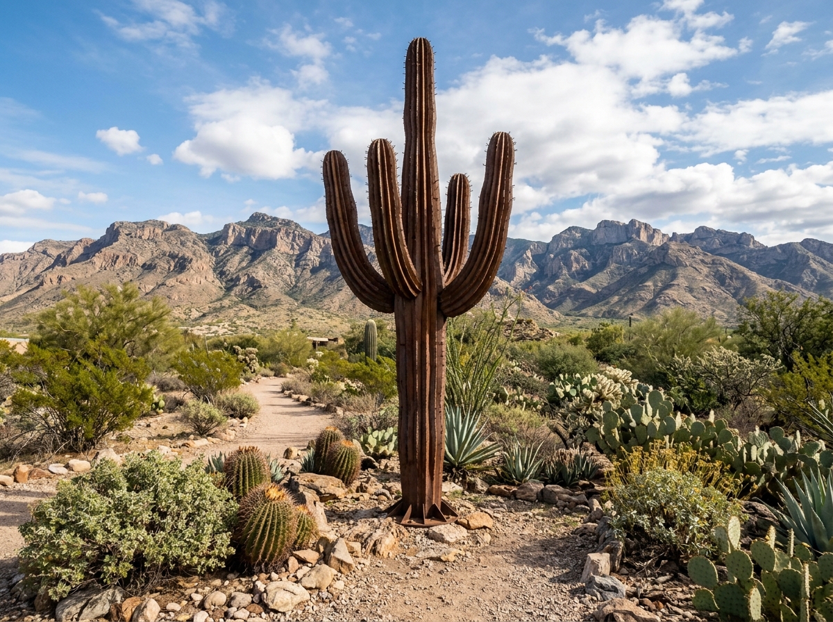 large metal saguaro cactus sculpture in a desert garden setting - saguaro cactus sculptures