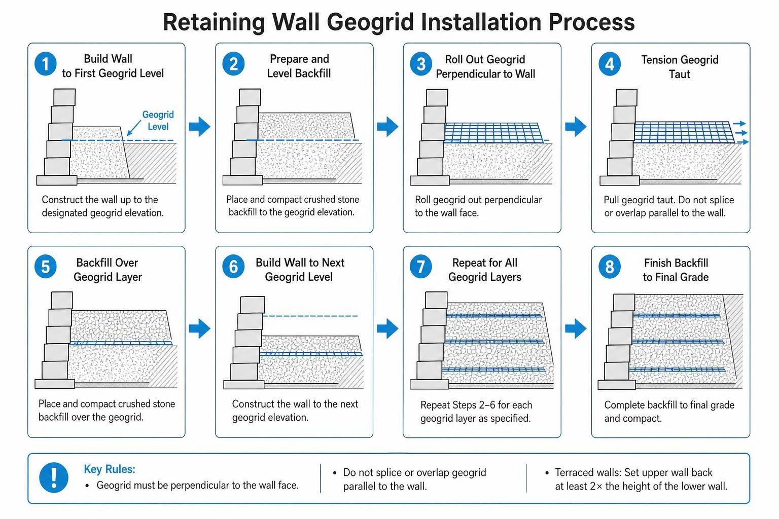 Retaining wall geogrid installation process diagram Retaining wall geogrid installation process diagram