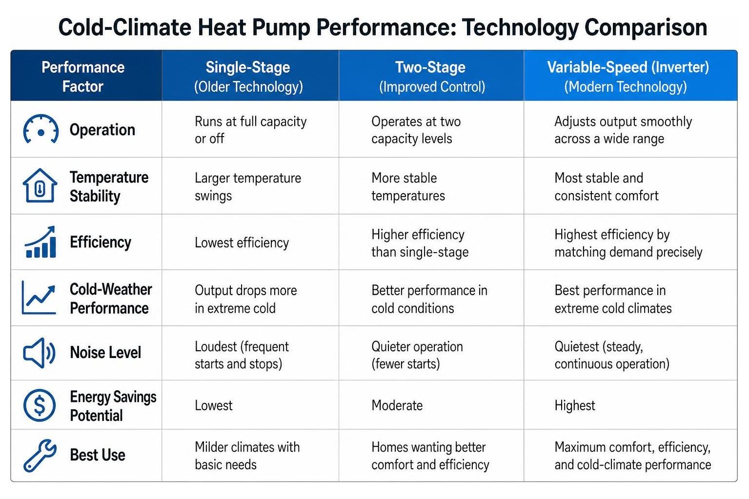 Table comparing single-stage, two-stage, and variable-speed cold-climate heat pump performance