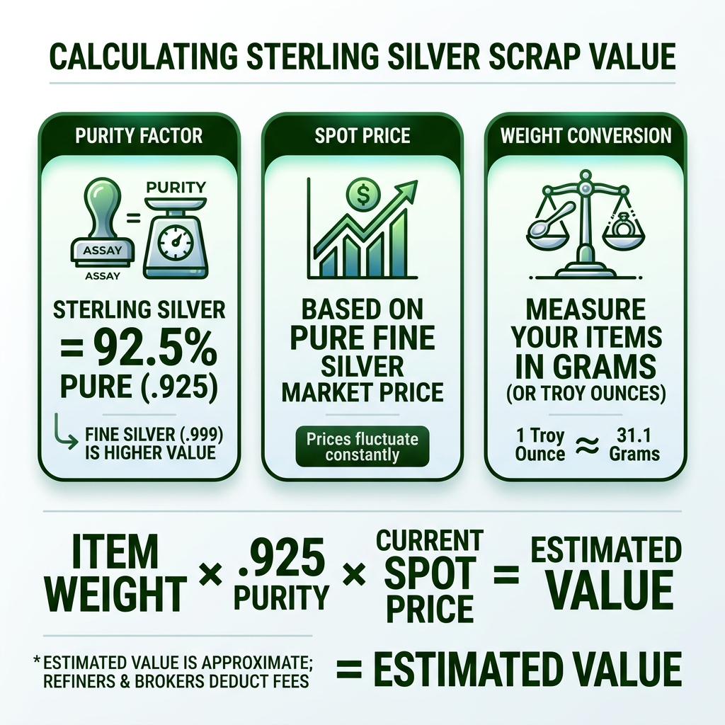 Sterling silver scrap value calculation formula showing purity factor spot price and weight conversion - spot price of Sterling silver scrap value calculation formula showing purity factor spot price and weight conversion - spot price of