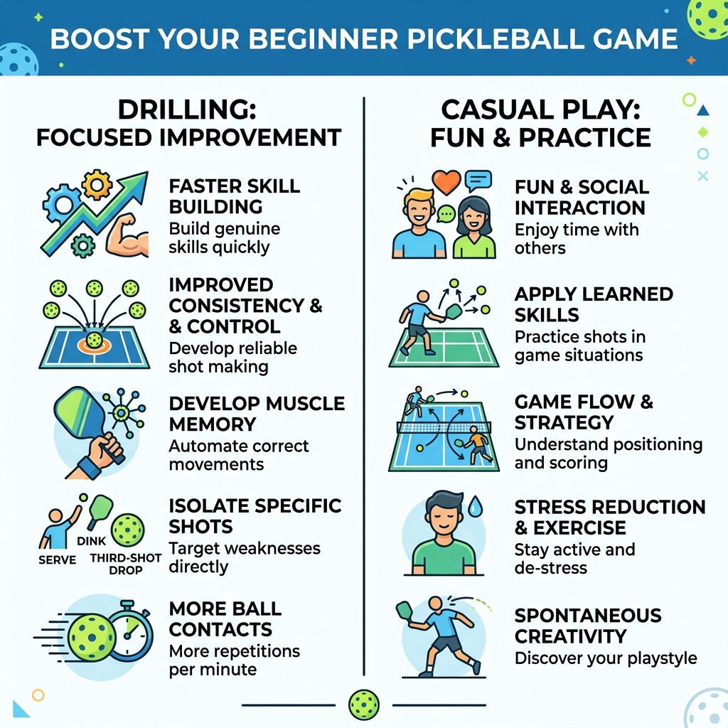 Infographic showing benefits of drilling vs. casual play for beginner pickleball players - pickleball drills for beginners