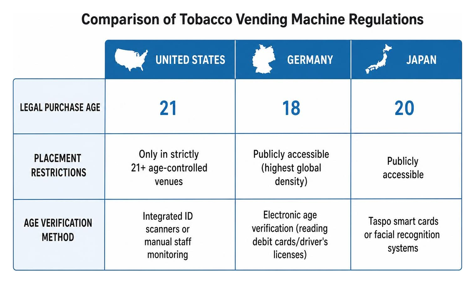 Comparison of tobacco vending machine regulations across the US, Germany, and Japan