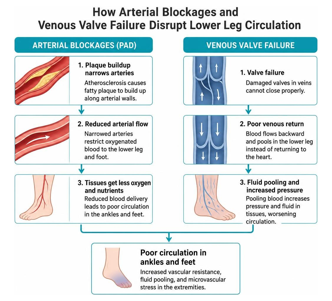 Diagram showing how arterial blockages and venous valve failure disrupt lower leg circulation