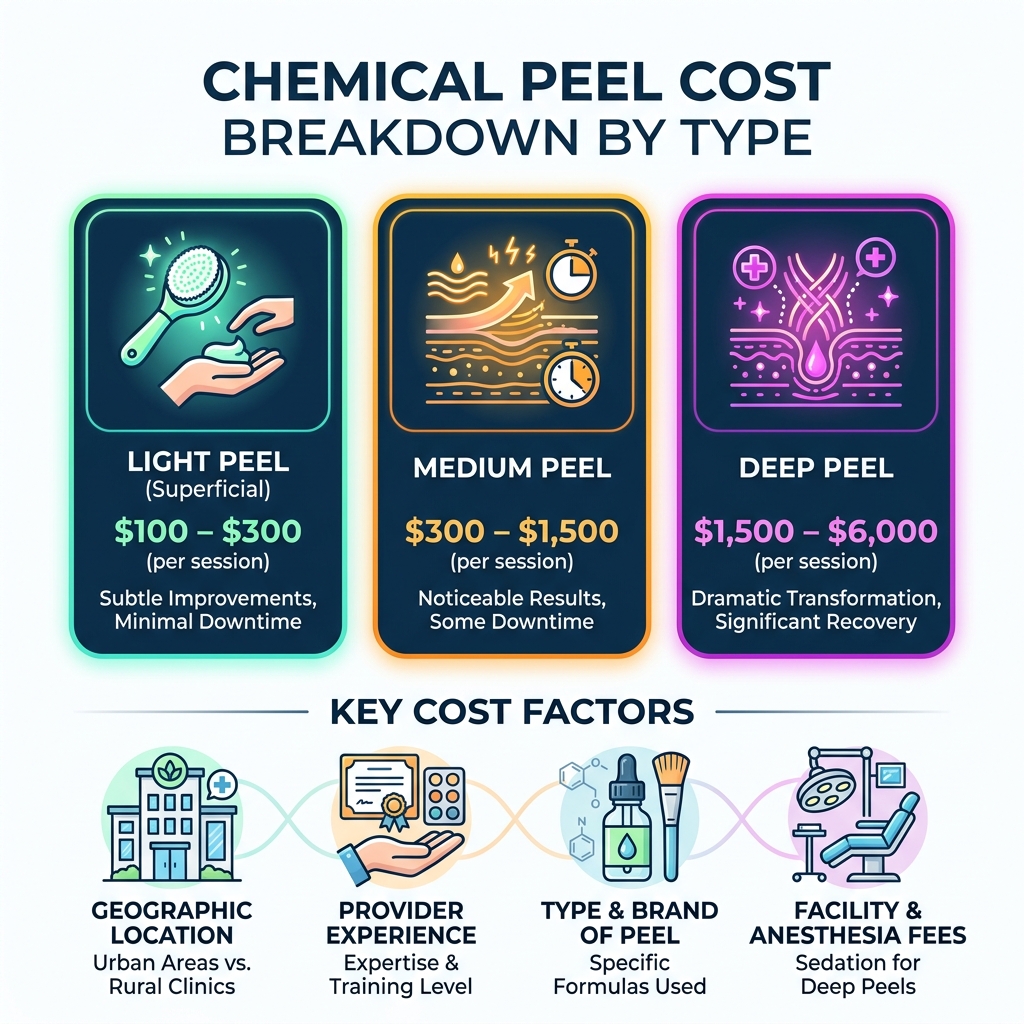 Infographic showing chemical peel cost breakdown by type: light $100-$300, medium $300-$1,500, deep $1,500-$6,000, with key