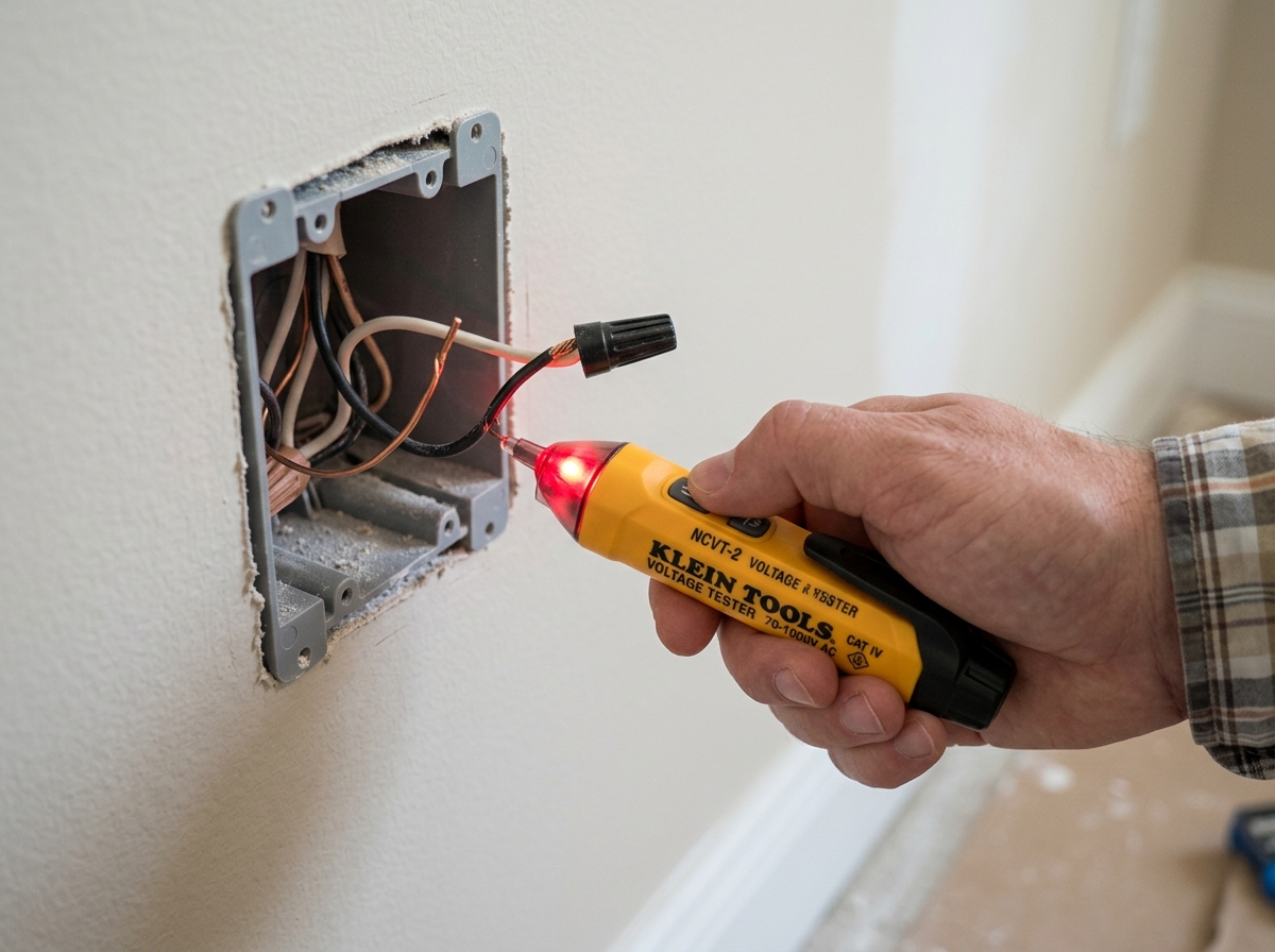 Non-contact voltage tester checking for power in an open electrical box - Dimmer Switch Wiring Non-contact voltage tester checking for power in an open electrical box - Dimmer Switch Wiring