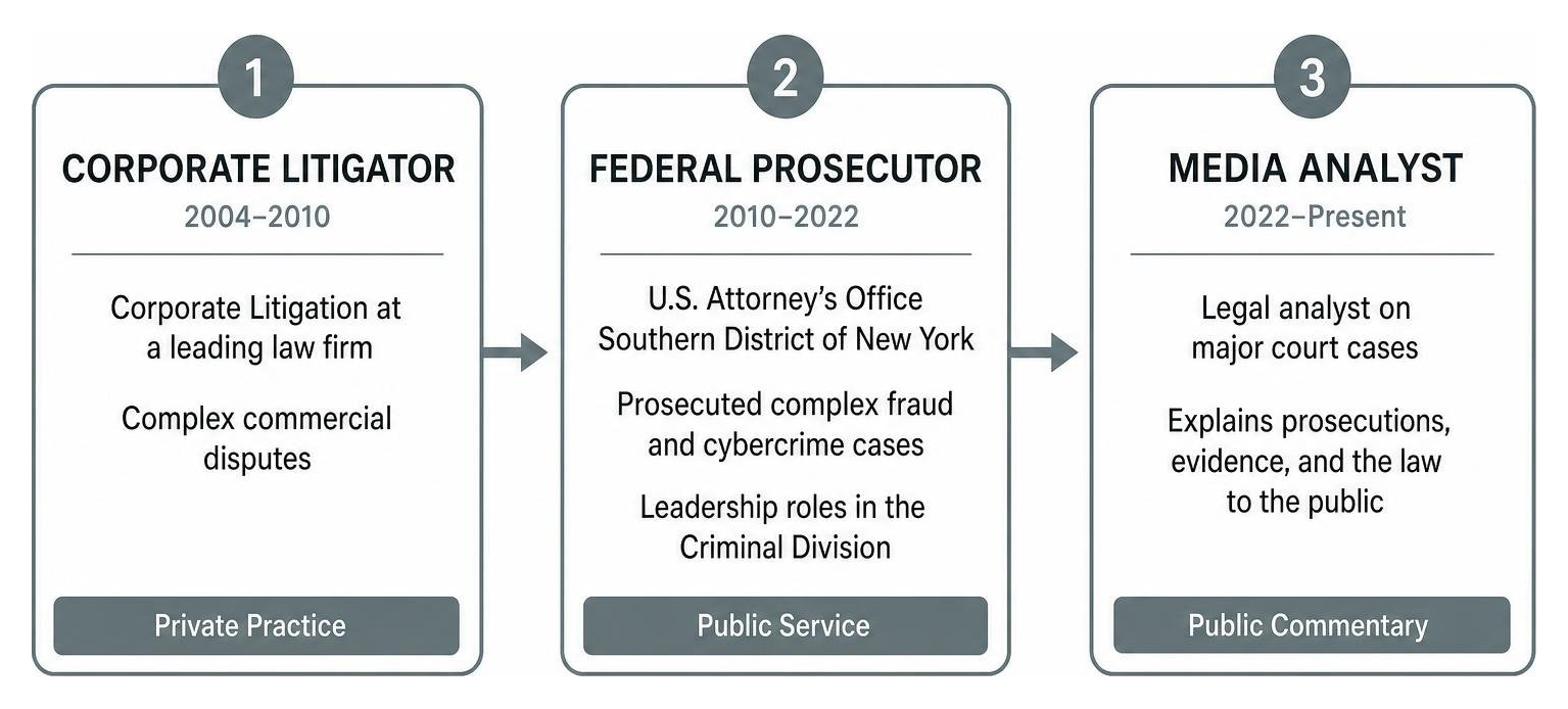 Evolution of Kristy Greenberg's legal practice from corporate litigator to federal prosecutor to media analyst