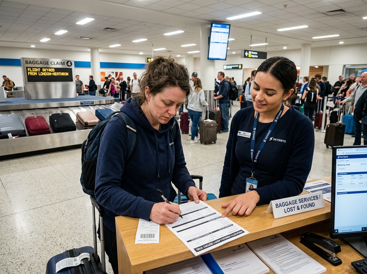 Traveler filling out a Property Irregularity Report (PIR) form at an airport counter - delayed bag compensation australia Traveler filling out a Property Irregularity Report (PIR) form at an airport counter - delayed bag compensation australia