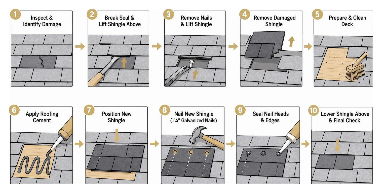 Step-by-step process diagram of shingle replacement including deck prep and nailing