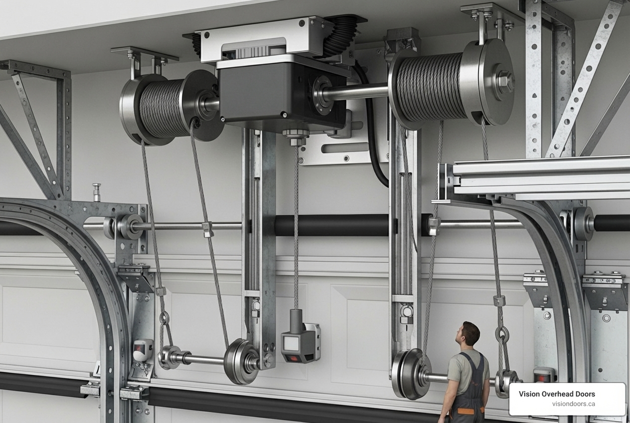 Infographic showing the anatomy of a commercial overhead door system including torsion springs, cables, tracks, rollers, operator unit, safety sensors, and weather seals with labels indicating common failure points and maintenance zones - commercial garage door repair in vernon, bc Mechanic inspecting commercial garage door mechanism with pulleys and cables, emphasizing maintenance and repair services by Vision Overhead Doors in Vernon, BC.