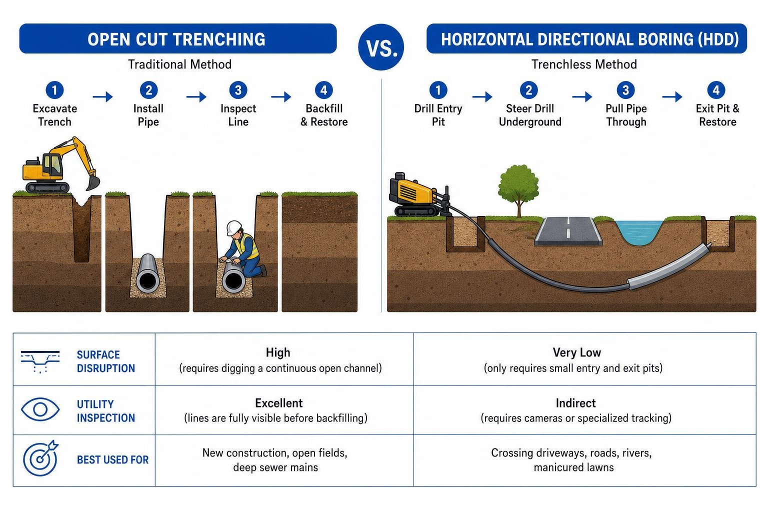 Diagram comparing traditional open cut trenching with trenchless horizontal directional boring Diagram comparing traditional open cut trenching with trenchless horizontal directional boring