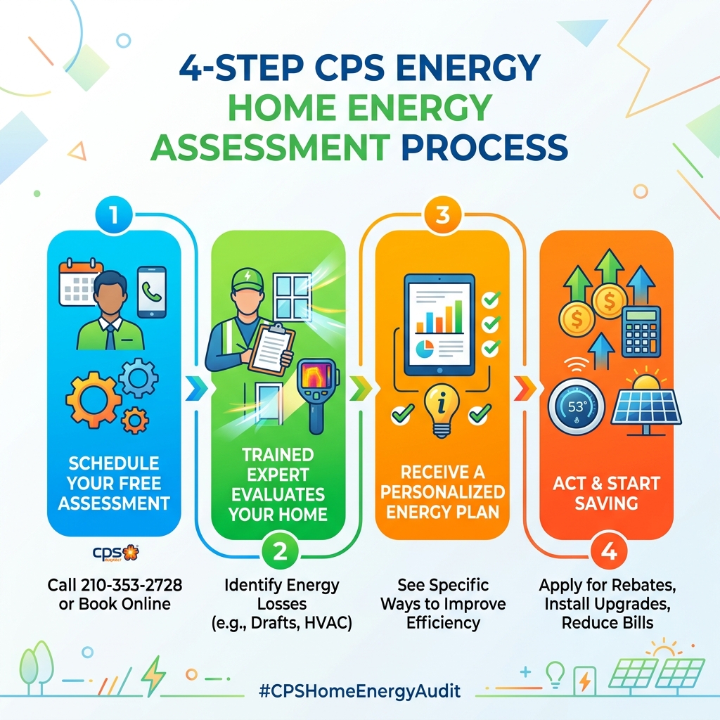 4-step CPS Energy home energy assessment process overview infographic - cps home energy audit infographic 