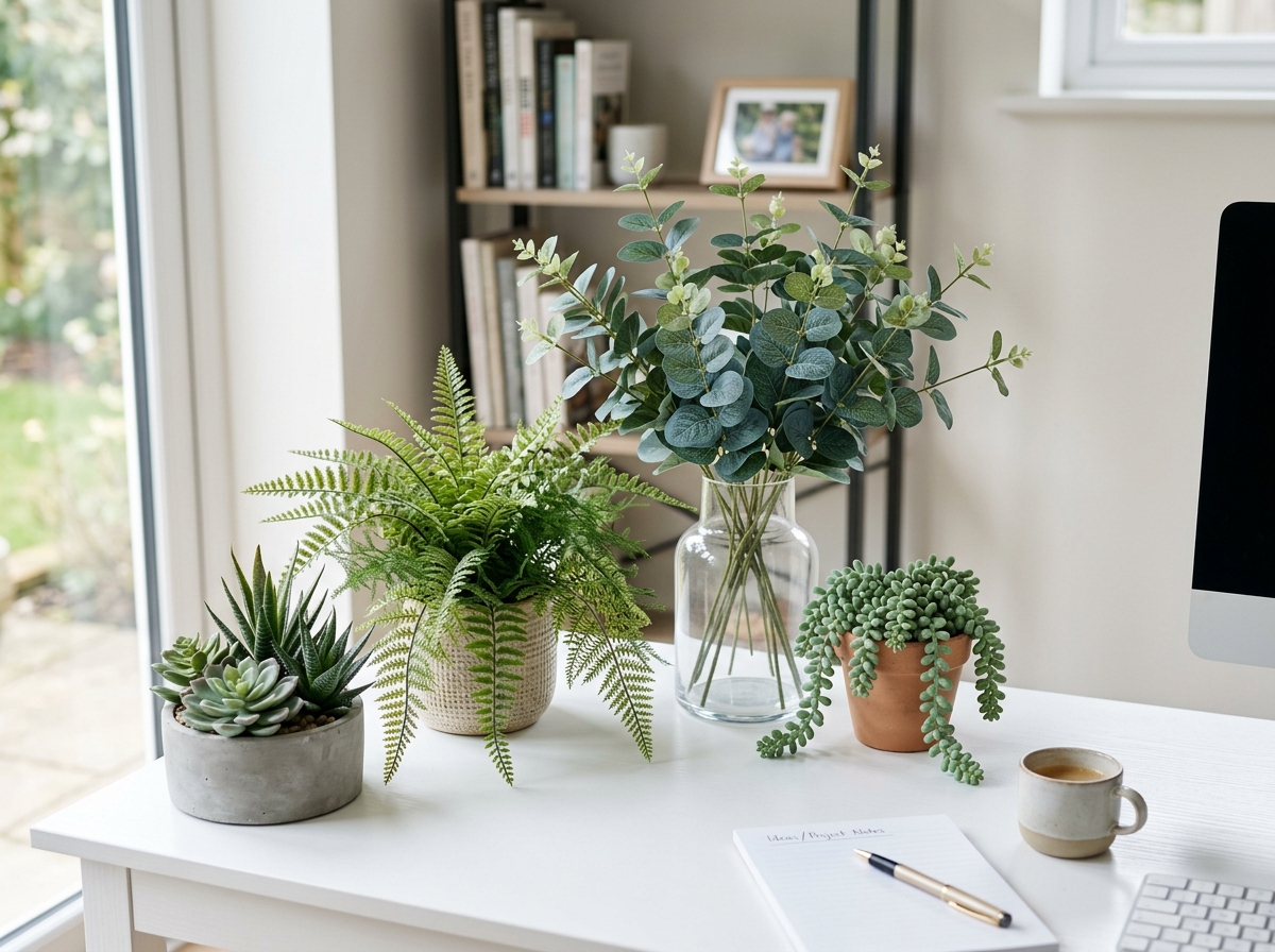 various faux plant species like succulents and eucalyptus on a white desk - desk artificial plants