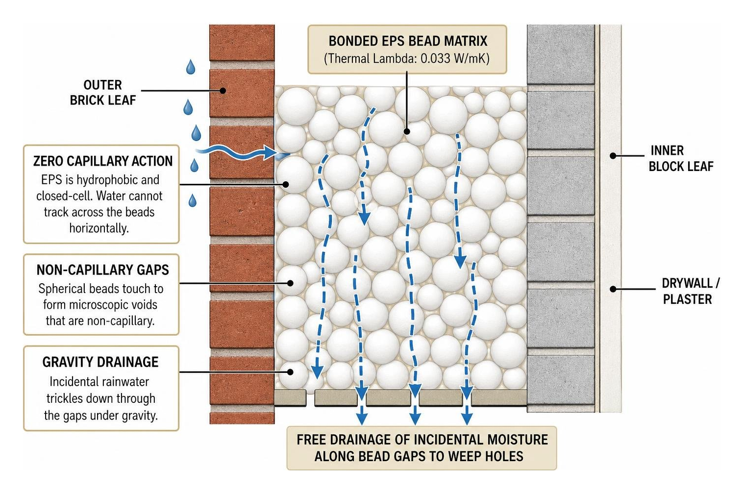 Diagram showing non-capillary water drainage through bonded spherical EPS beads