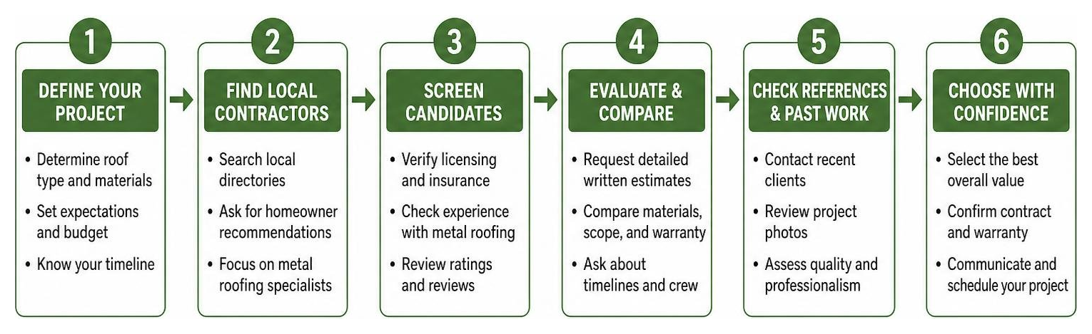 Diagram showing the process of vetting and choosing a qualified metal roofing contractor