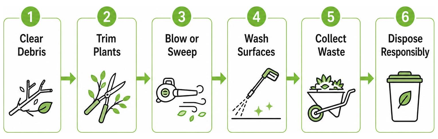 systematic backyard cleaning sequence showing step-by-step progress