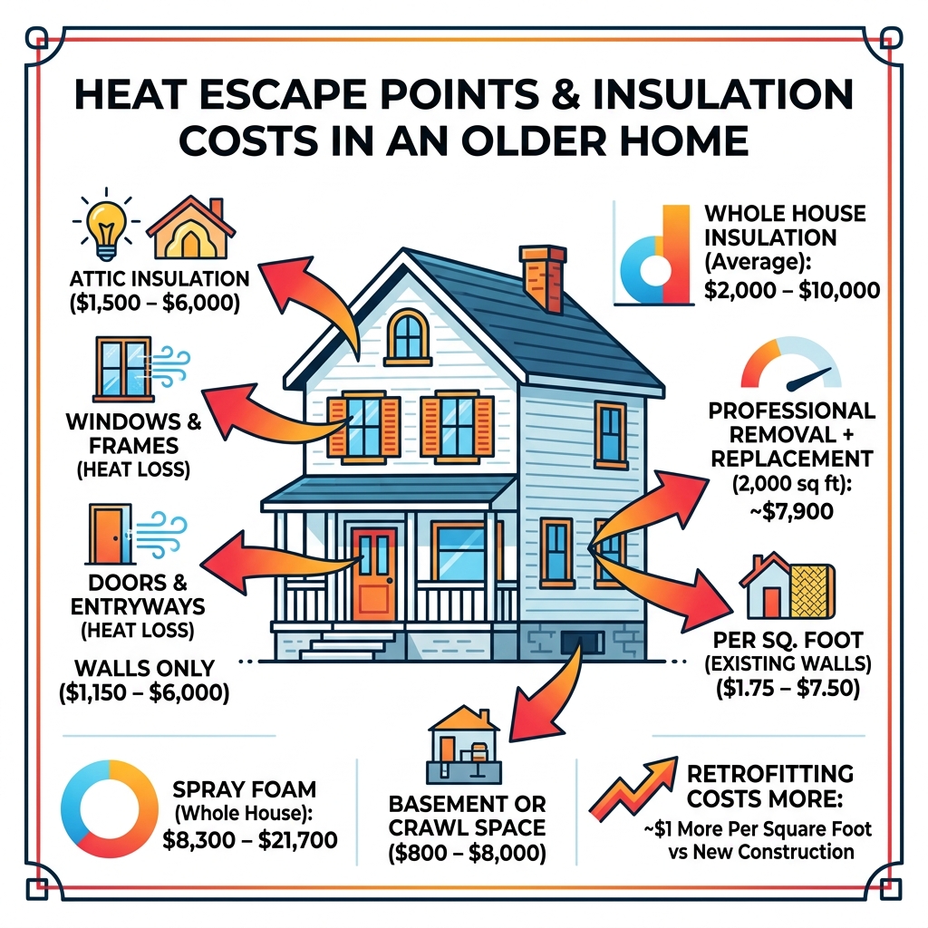 infographic showing heat escape points and insulation costs in an older home - how much does it cost to insulate an old