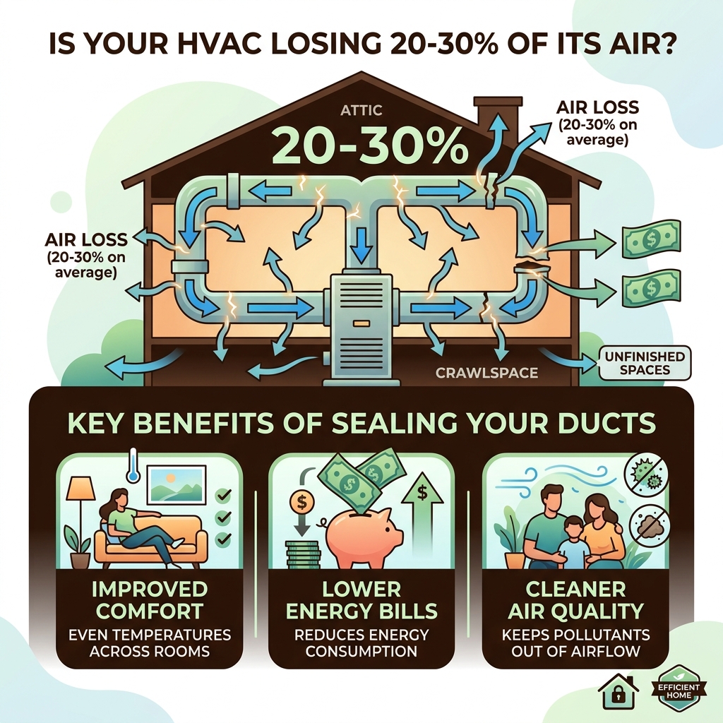 Infographic showing 20-30% air loss in typical home duct systems and key benefits of sealing - hvac duct sealing infographic 
