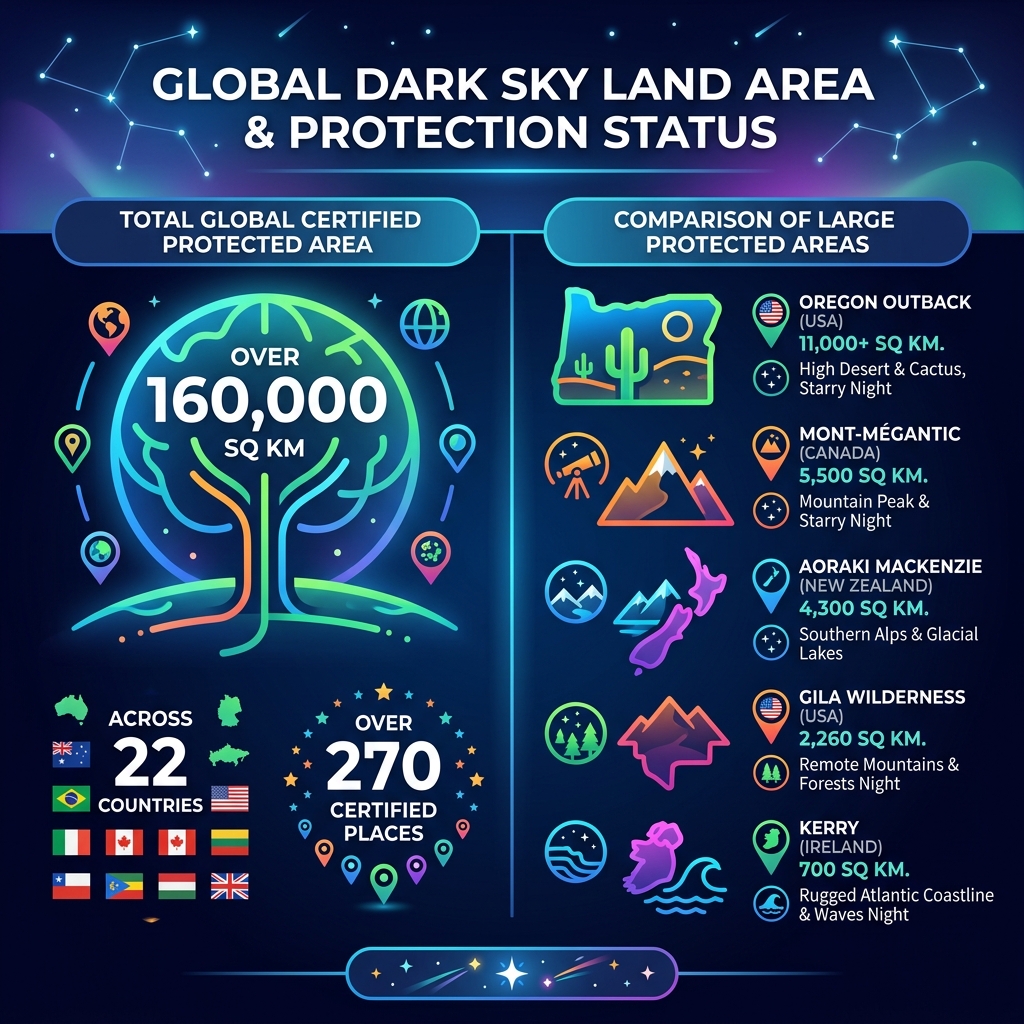 comparison of global dark sky land area and protection status - dark site astrophotography locations infographic 