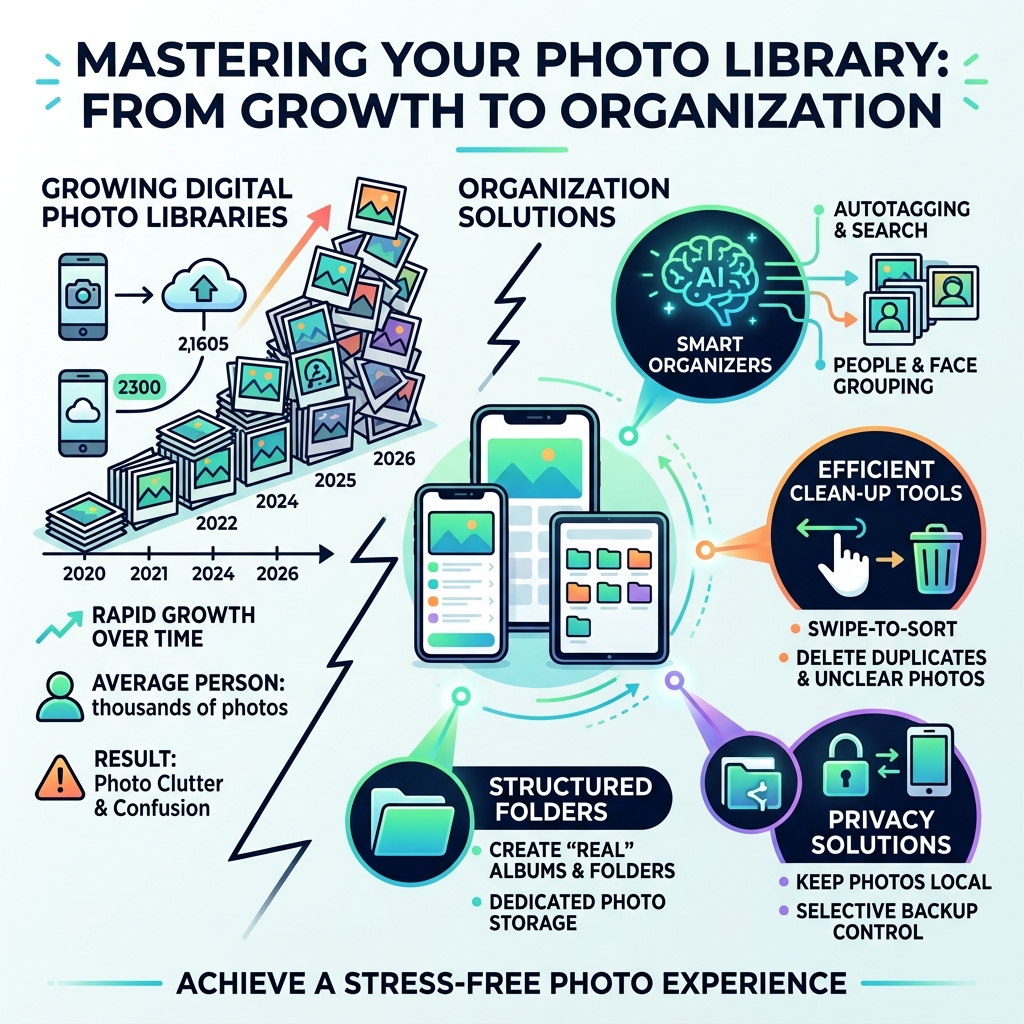 Infographic showing digital photo library growth and organization solutions - app to organize google photos infographic 
