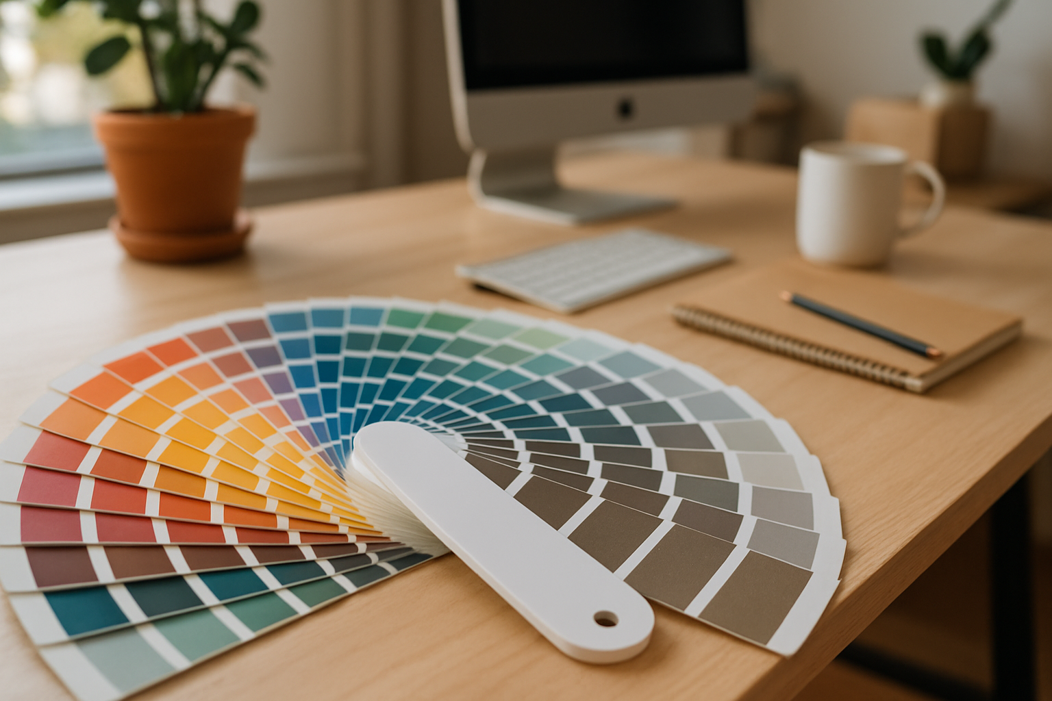 color swatch fan deck on designer's desk - room print colour