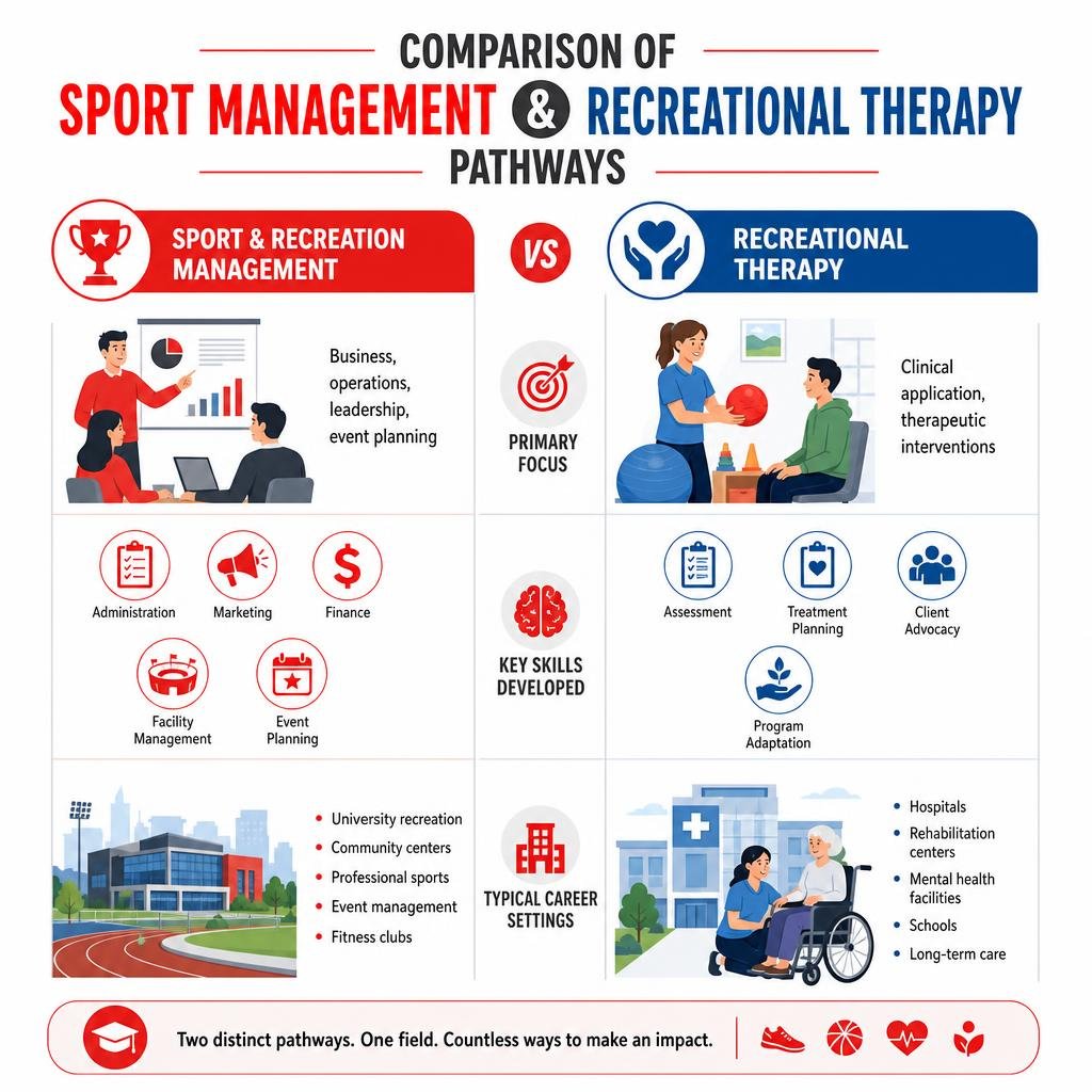 Community Athletics, Recreation, and Sports Entertainment 1 Comparison of Sport Management and Recreational Therapy pathways infographic