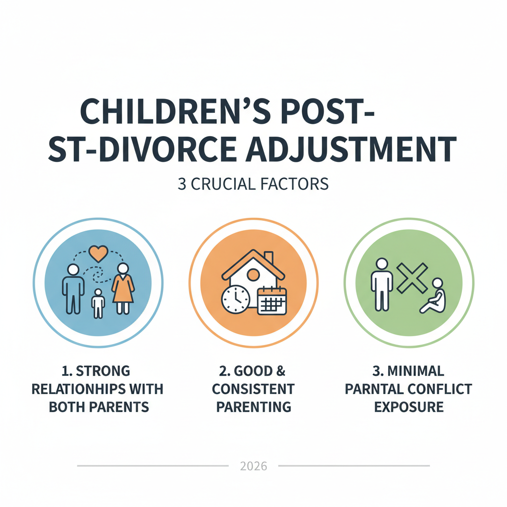 Three factors of successful post-divorce adjustment for children infographic - advice for parents getting divorced