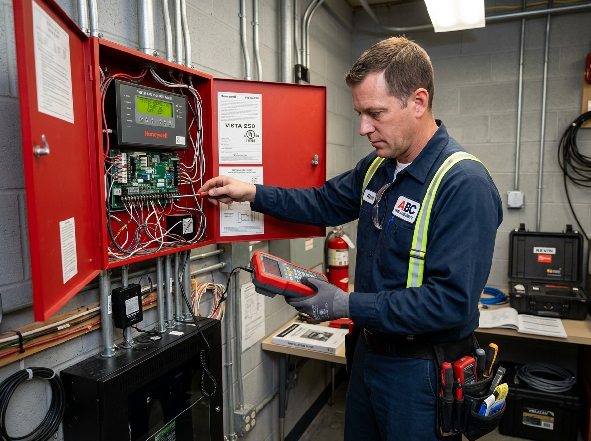 technician testing a fire alarm communicator - fire alarm monitoring