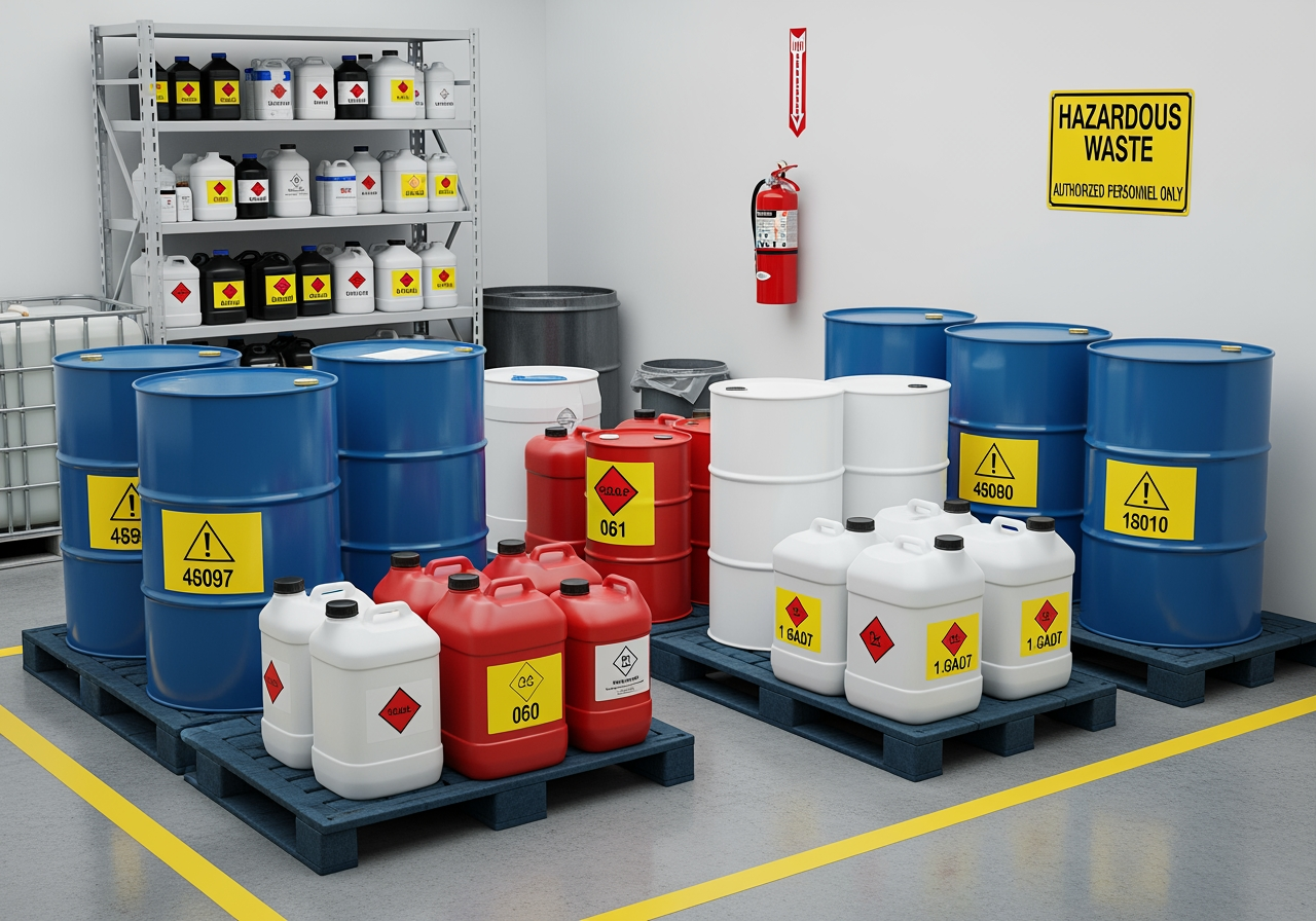 Properly organized hazardous waste accumulation area - how to complete a hazardous waste label